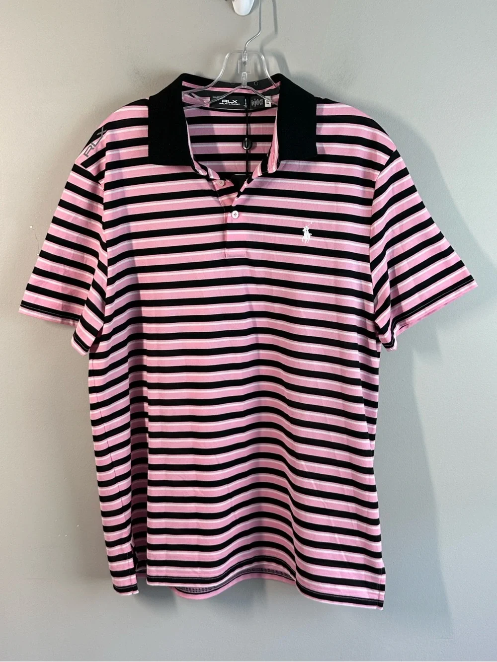 NWT RLX Ralph Lauren Pink And Black Stripe Polo Shirt Size L Golf